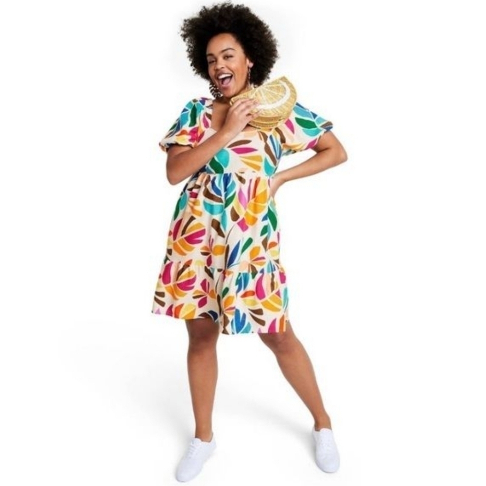 Bright Multi-Color Leaf Print Midi Dress